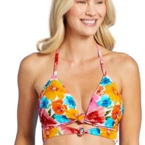 Lightly Lined Longline Double Knot-Front Bikini Top Pink Floral Top SIZE 34D